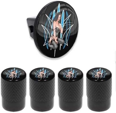 Tow Hitch Cover Insert Plug for Truck & SUV + Valve CAPS for Blue Pinstripe Girl Model-PYT-8888-4610