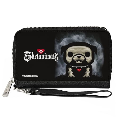 Buckle-Down Skelanimals Wallet, Zip Around, Skelanimals Maxx the Bulldog Fog Pose and Logo Black White, Vegan Leather