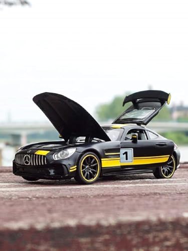 Image of Invite Enterprise Exclusive Alloy Metal Pull Back Die-Cast Car 1:32 Merecdes Amg Gtr Diecast Metal Pullback Toy Car With Openable Doors,Light Music Boys Gifts Toys For Kids(1:32 Amg Gtr-Black /Yellow)