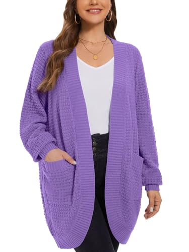Image of LARACE Long Cardigans for Women Plus Size Tops Open Front Sweaters with Pockets Waffle Ribbed Sleeve Loose Fall Outwear