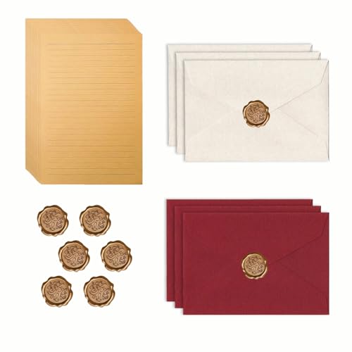 22 Piezas de Papelería Vintage 6 Sobres Papel de Lino y 6 Sellos de Lacre 10 Hojas de Papelería con Líneas Kraft Adecuadas para Escribir Cartas Invitaciones Cartas de Agradecimiento Tarjetas de Boda