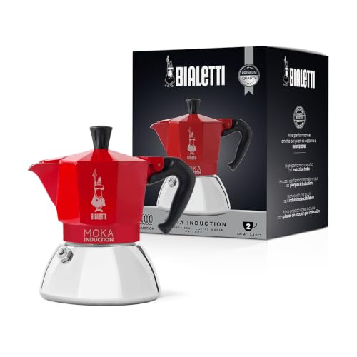Bialetti Caffettiera Moka Induction, 2 Tazze (100 ml), Adatta a Tutti i piani cottura, Design Elegante, Rosso