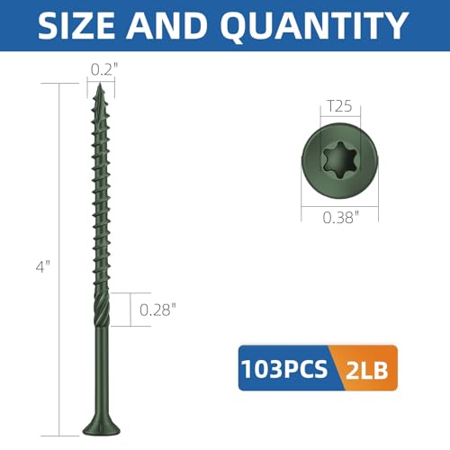 Image of #10 x 4 Heavy-Duty Deck Screws - Green Long Outdoor Wood Screws, Torx Drive with T25 Bit, Rust Resistant for Wood Decking and Fence (2lb,103Pcs)