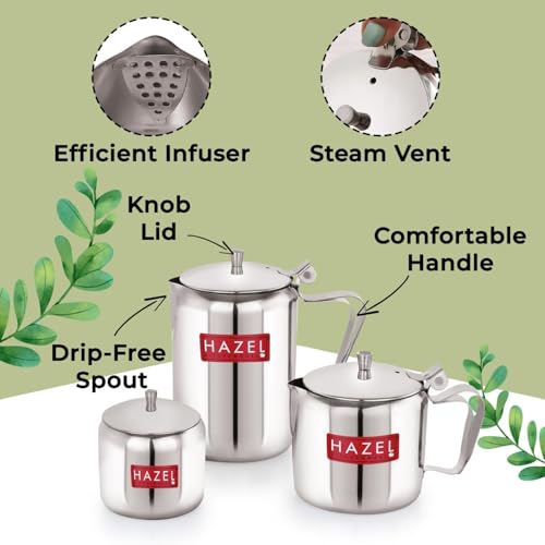 Image of HAZEL Stainless Steel Tea Coffee Sugar Serving Pot with Handle & Lid | Strong and Sturdy, Spill Proof Pouring, Set of 3 | Perfect for Diwali Festival Celebrations
