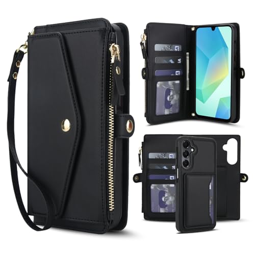 Coque Samsung A54 5G Asuwish Portefeuille en Cuir Noir avec Verre Trempé et Cordon