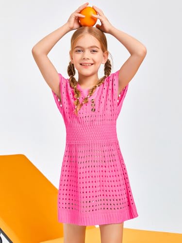 Image of Haloumoning Girls Crochet Swim Beach Cover Up Kids Fashion Button Short Sleeve Swimsuits Cover Ups 5-14 Years