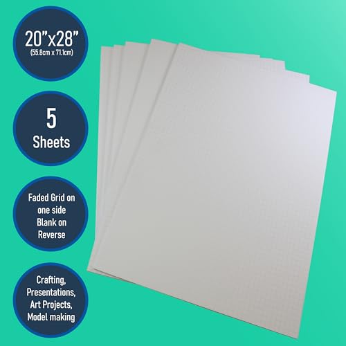 Flipside Products 20\" x 28\" Fade-Line White Poster Foam Board 3/16\'\' Thick, 1/2\" Subtle Grid Lines for Alignment & Visual Layouts, Arts, and Crafts, Pack of 5
