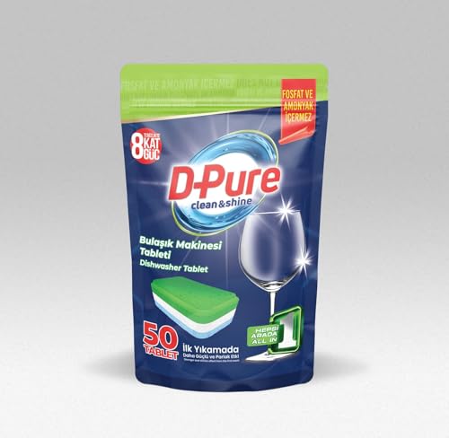 D-Pure - Pastillas para lavavajillas, todo en uno, extrafuertes, limpieza definitiva, brillo y protección, sin fosfatos ni amoniaco (50 unidades)