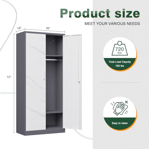 Image of Letaya Wardrobe Closet, 72 inch H Clothing Storage Cabinet with Adjustable Shelves and Hanging Rod, Bedroom Armoire Clothes Organizer (White Gray)