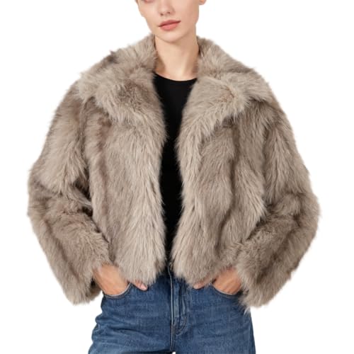 Amazhiyu Abrigo de piel sintética para mujer con bolsillos, solapa de invierno, chaqueta de manga larga, frente abierto, cárdigan cálido de felpa, caqui, XL