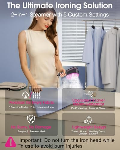 Portable Travel Steamer for Clothes,1200W Powerful Garment Steamer,15s Fast Heat-Up,12 Mins Continuous Steam,5 Modes,Large LED Display,Handheld Clothes Steamer with UK Plug for Travel & Home(Purple) - Image 8