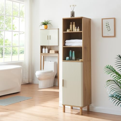 [en.casa] Hochschrank Bad Ferrersp Badezimmerschrank mit 1 Tür 160 x 42 x 35 cm Badschrank mit 6 Fächern Aufbewahrungsschrank Eicheoptik/Sandfarben