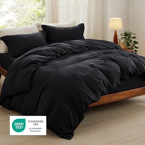 Image of Bedsure Duvet Cover King Size with Fitted Sheet - 4 Pieces Prewashed Polyester Extra Soft Bedding Set, Includes 1 Duvet Cover 104x90 Inches with Zipper Closure, 2 Pillow Shams, 1 Fitted Sheet, Black