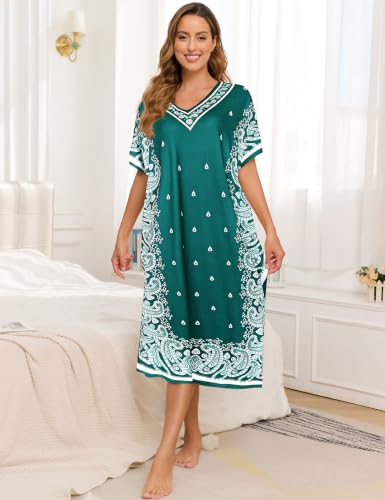 Image of Bloggerlove Women's Caftan Nightgown with Pockets, Long House Dress | Half Sleeve, Kaftan, Mumu Dress, Sleepwear, V-Neck, Full Length, Lounge Dress, 2 Side Pockets
