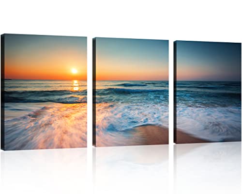 TutuBeer 3 Panels Beach Pictures Wall Art Blue Sea White Beach at Sunrise Pictures Print on Canvas Beach Wall Decor Beach Paintings for Home Decor Stretched and Framed Easy to Hang 16" x 32" x 3 Pcs