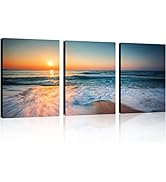 TutuBeer 3 Panels Beach Pictures Wall Art Blue Sea White Beach at Sunrise Pictures Print on Canva...