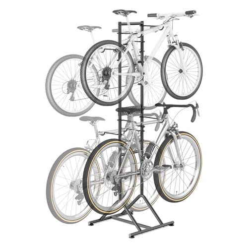 Mimoke Portabicicletas para garaje y casa – Sin taladros, altura regulable para diferentes tamaños de bicicletas. Soporte extraíble para cascos, guantes y más. Almacenamiento vertical independiente.