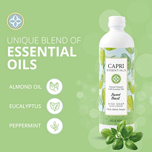 Capri Essentials Sweet Basil Natural Dish Soap Liquid W/Essential Oils – Plant-Based Dish Cleaning Supplies – Chemical-Free Household Cleaning – Natural Cleaning Products (16 Oz) #TOP1