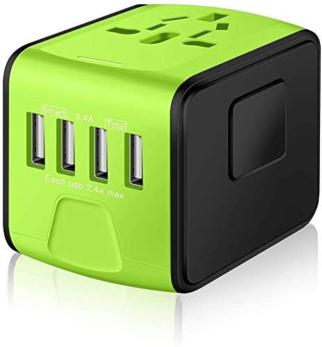rtsUniversal Travel Adapter with High Speed (2.4A / 4 USB Ports), Universal Charger, International Travel Adapter for Cell Phones, Mobile Phones ,Tablets, Laptop, Camera, for Travelers to US/ Europe / UK /AU / Asia & More - Green