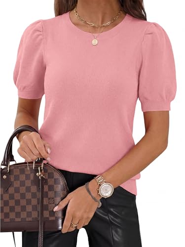 Image of PRETTYGARDEN Womens Sweaters Spring 2026 Summer Puff Short Sleeve Sweater Trendy Cute Knit Work Blouses Business Casual Tops