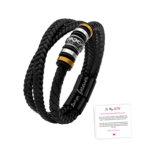 Futimely To My Son/To My Grandson I Will Always Be With You Braided Leather Bracelet For Men,Stainless Steel Inspirational Wristband,Mens Braided Leather Bracelet Bangle Wristband (To My Son) #TOP28