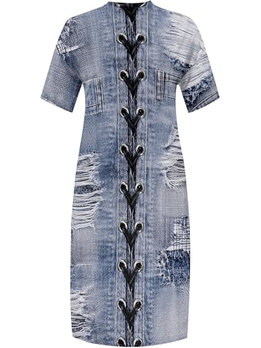 Image of SUZONANA Plus Size Denim Print Maxi Dresses for Women Casual V Neck Short Sleeve with Pockets Soft Jean Look Dress XL-6XL