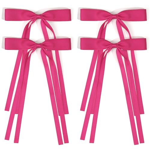 Ayesha Hot Pink Hair Bows Clips Pink Coquette Bow Hair Ribbon Bowknot with Long Tail Hot Pink Bows Barrettes Hair Accessories for Women Girls 4PCS