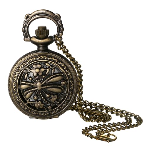 JewelryWe Women's Vintage Pocket Watch - Small Skeleton Hollow Dragonfly