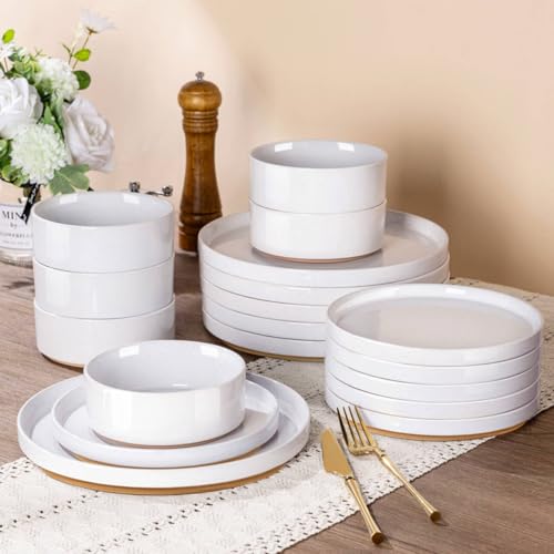 AmorArc Ceramic Dinnerware Set for 6 | Speckled Stoneware Plates and Bowls with Rustic Terracotta Underside| Scratch Resistant,Dishwasher & Microwave Safe Dishes Sets- 18pcs White