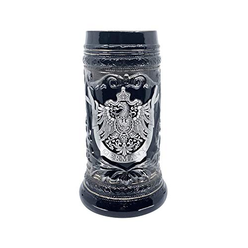 Taza de cerveza, de cerámica, color negro, 1 litro, con escudo de águila de Alemania, con medallón de metal grabado