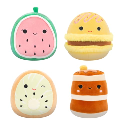 Squishmallows Original 5-Inch Food 4-Pack – Kachina Kiwi, Rayen Pancakes, Visconti Lemon Macaron, Wanda Watermelon – Official Jazwares Plush (Little)