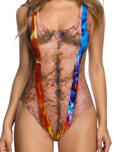Image of uideazone Women Funny Chest Muscle Deep V Backless One Piece Bathing Suit | Color Block Butt Lifting Swimsuits High Stretch Quick Dry Breathable Monokini Removable Pads for Beach Pool Vacation Party