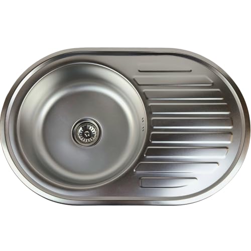 ANW HOME Fregadero cocina inox Silver 77 x 50 cm con escurridor 1 cubeta 20 cm acabado satinado empotrable superior con sifón y válvula cesta