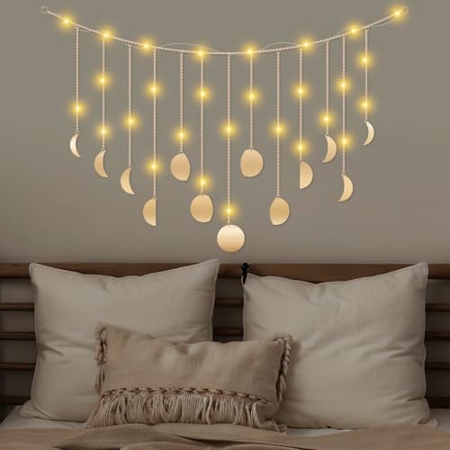 RattanView Moon Phase Wall Decor with LED String Light, Boho Aesthetic Room Decor Metal Moons Garland Hanging Art Bohemian Home Decoration for Girls Room Nursery Bedroom Livingroom Dorm, Ideal, Gold