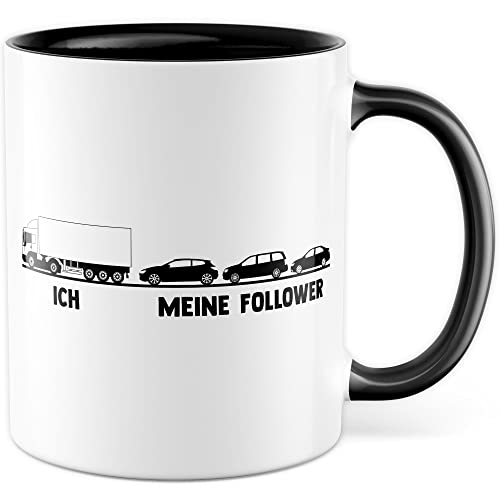 LKW Tasse mit Spruch Lkw-Fahrer Kaffeetasse Kaffee-Becher lustig Geschenkidee Fernfahrer Geschenk Lastwagen Spediteur Ich Meine Follower Witz Trucker Lastwagen-Fahrer Stau (Weiß/Schwarz)