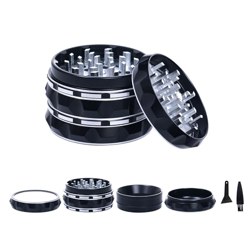 TIRIRS 2.5 4 Pieces Clear Top Herb Grinder - Aluminium Spice Grinder with Pollen Scraper and Cleaning Brush - Black and Silver