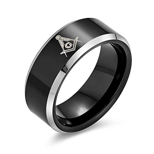 Bling Jewelry Laser Etched Square & Compass Freemason Masonic Black Titanium Band Ring for Men Comfort Fit 8MM