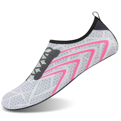 Mens Womens Water Shoes Quick Dry Barefoot Shoes Non-Slip Aqua Socks for Beach Swim Light Grey Pink2
