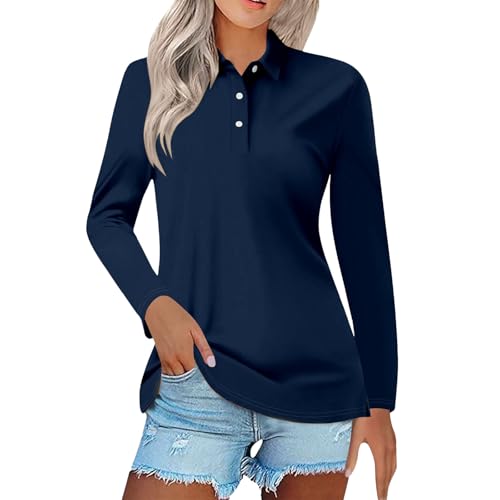 ANAJONRI Womens Polo Shirt Long Sleeve Fashion Work Blouse Pleated Business Casual Collared Tunic Tops L Navy Blue