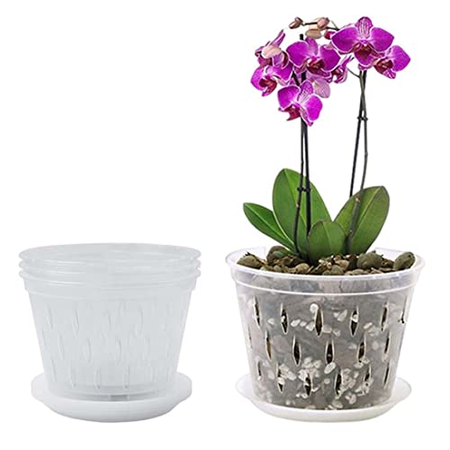 Bote de orquídeas, macetas de guardería, maceta de orquídeas, macetas de orquídeas de plástico transparente con agujeros de drenaje y bandejas de maceta de orquídeas decoración del hogar 4 piezas