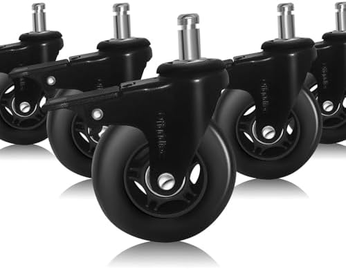 5er-Set Bürostuhlrollen mit Bremse, Vollgummi-Rollen für Bürostühle, geeignet für Teppich- und Parkettböden, langlebige Gummirollen, schützen vor Kratzern auf Hartholzböden, 11x22 mm Pin, Schwarz