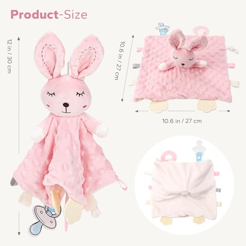 Image of ZIGJOY Baby Girl Lovey, Pink Bunny Security Blanket with Crinkle & Teether | Raised dot flannel and short plush add cozy texture for grasping, cuddling and play.