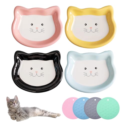 Ciotole per Gatti, 4 Pezzi Ciotola Gatto Ceramica, Ciotole Gatto con 4 Tappetino Silicone, Ciotola per Cibo per Gatti, Ciotola Gatto in Ceramica per Cibo Secco Umido e Acqua Piccolo Animaletto