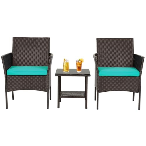 Image of FDW 3-Piece Patio Furniture Set | Brown & Blue | Outdoor Wicker Furniture