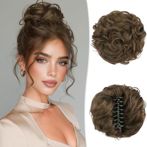 RUWISS Grande Chignon Finto per Capelli, Chignon Capelli Veri Ondulato Scrunchies per Capelli Ricciuto Elastico Updo Posticci per Donna, Marrone Medio