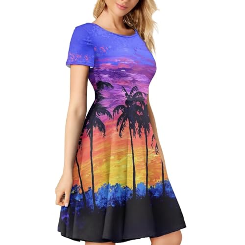 Image of HUGS IDEA Womens Puffy Swing Midi Dress Round Neck Short Sleeve Party A-Line Dresses