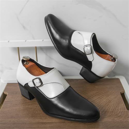 Men's Two Tone Genuine Leather Slip On Chunky Heel Monk Strap Dress Loafers Fashion Pointed Toe High Heel Chelsea Oxford Shoes Casual Business Formal Shoes2