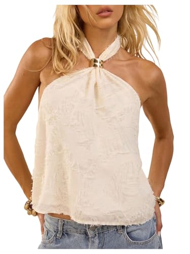MakeMeChic Women's Backless Halter Tops Going Out Sheer Top White