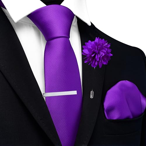 Image of Branduce 3.15 inch(8cm) Solid Formal Tie and Pocket Square Plain Necktie Lapel Pin and Tie Clip Set for Men