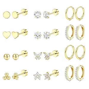 Jstyle Aretes de acero quirúrgico hipoalergénico para orejas sensibles, aretes de oro de 14 quilates con parte trasera plana para mujeres y hombres, pequeños aretes de acero inoxidable con parte